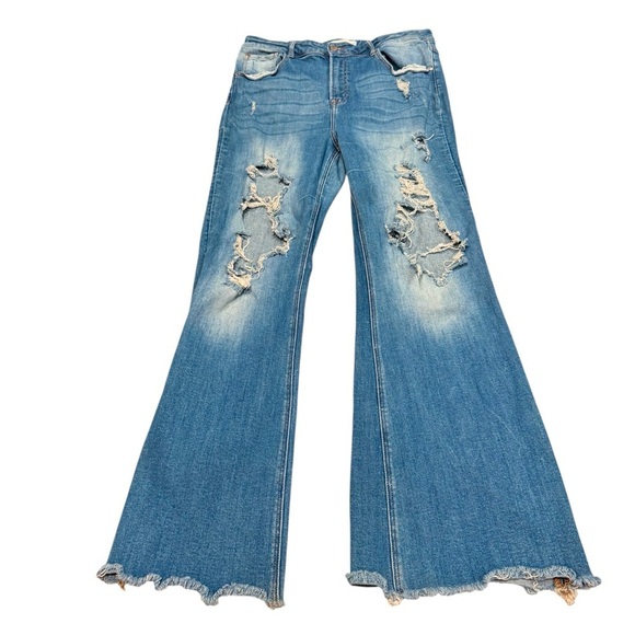 Risen Jeans Denim - Risen Jeans Distressed Blue Flare Raw Hem Distressed Women’s Size 2XL